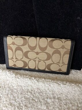 Coach Brown Signature Canvas Continental Wallet with Black Leather Trim in EUC